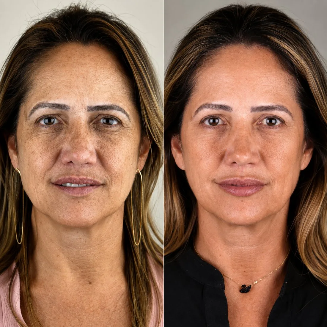 Rosto de frente, antes e depois: manchas e textura mais uniformes e aspecto de pele mais firme.