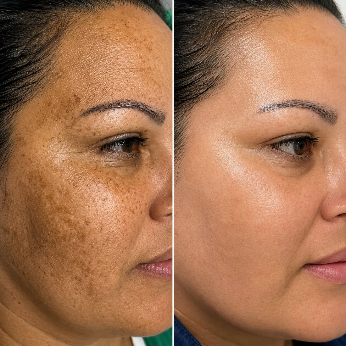 Lateral do rosto, antes e depois: redução visível de manchas solares e melasma.