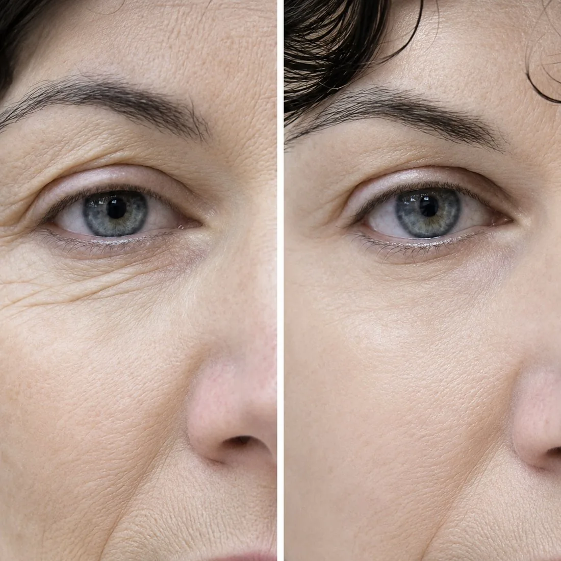 Região dos olhos, antes e depois: linhas finas e pés de galinha menos marcados.