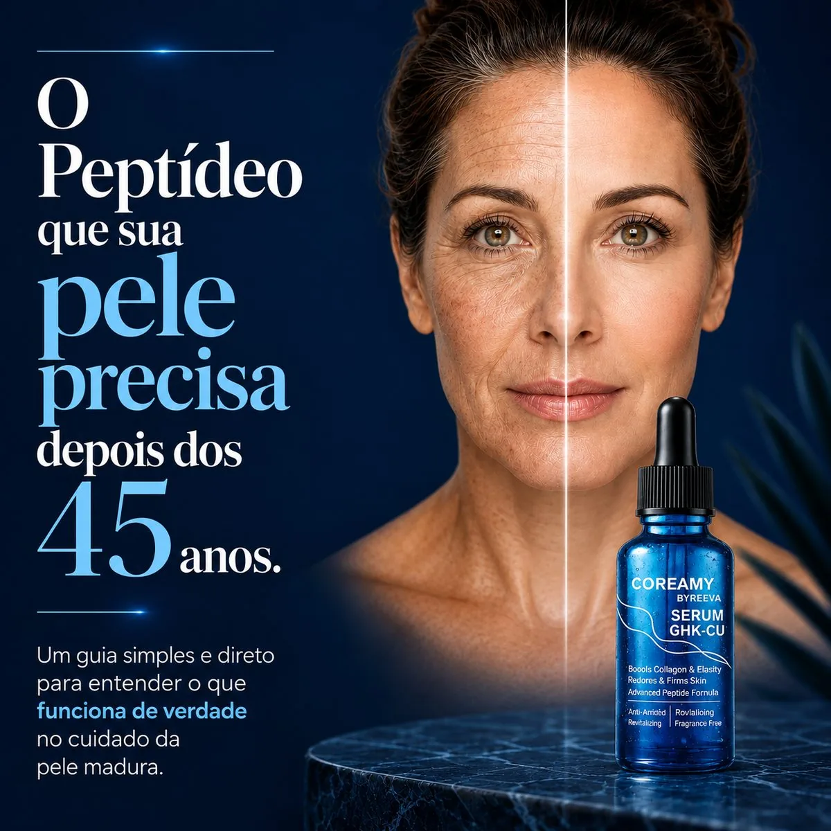 Comparação antes e depois no rosto de uma mulher madura, ao lado do sérum Coreamy GHK-Cu.