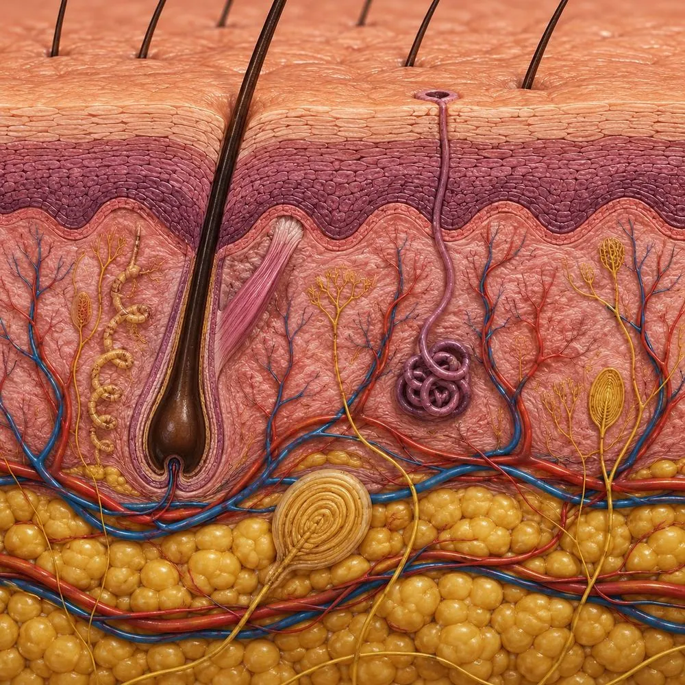 Ilustração em corte da pele mostrando a epiderme, a derme e a hipoderme, com vasos sanguíneos, folículo piloso e glândulas.